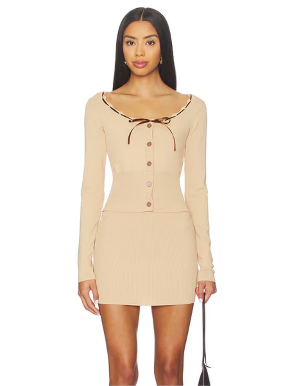 More to Come Kelliann Beige Ribbed Button Mini Skirt Set with Contrast Tie NWT